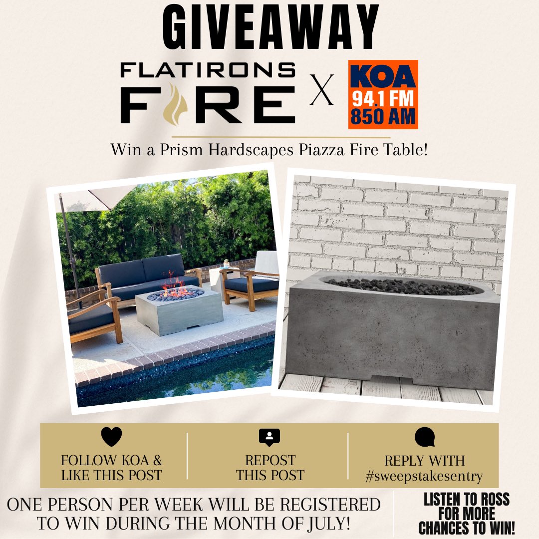 KOAColorado's tweet image. 🚨LAST CHANCE TO ENTER🚨 Registered winners have a 1 IN 12 chance to win the grand prize fire table‼️ Read the instructions below and enter NOW!
Listen to @Rossputin this week & don’t miss out on your chance to enter 👀