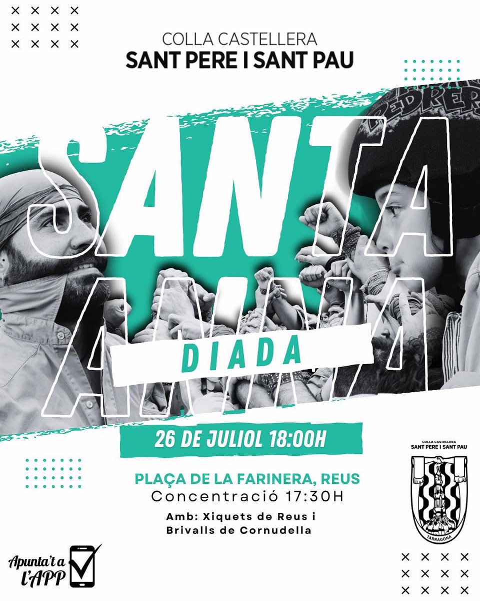 CC Sant Pere i Sant Pau (@ccspisp) on Twitter photo 🔥 Aquest dissabte anem a Reus a actuar en la DIADA DE SANTA ANNA!
🫂 Actuem junt amb <a href="/xiquets/">Xiquets de Reus</a> i <a href="/brivalls/">Brivalls de Cornudella</a>
📍Plaça de la Farinera, Reus
🕕18:00h, inici de la diada (concentració a plaça a les 17:30)
#castells #castellers #castelleres 🔥 Aquest dissabte anem a Reus a actuar en la DIADA DE SANTA ANNA!
🫂 Actuem junt amb <a href="/xiquets/">Xiquets de Reus</a> i <a href="/brivalls/">Brivalls de Cornudella</a>
📍Plaça de la Farinera, Reus
🕕18:00h, inici de la diada (concentració a plaça a les 17:30)
#castells #castellers #castelleres