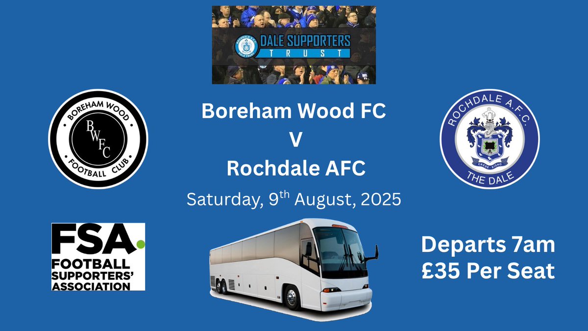 🚌 Bookings are now open for Boreham Wood FC 🚌

Prices are frozen at 2024/25 rates. 
Group bookings welcome. 
Early booking is recommended.

Please email Emma at travel@daletrust.co.uk to book.