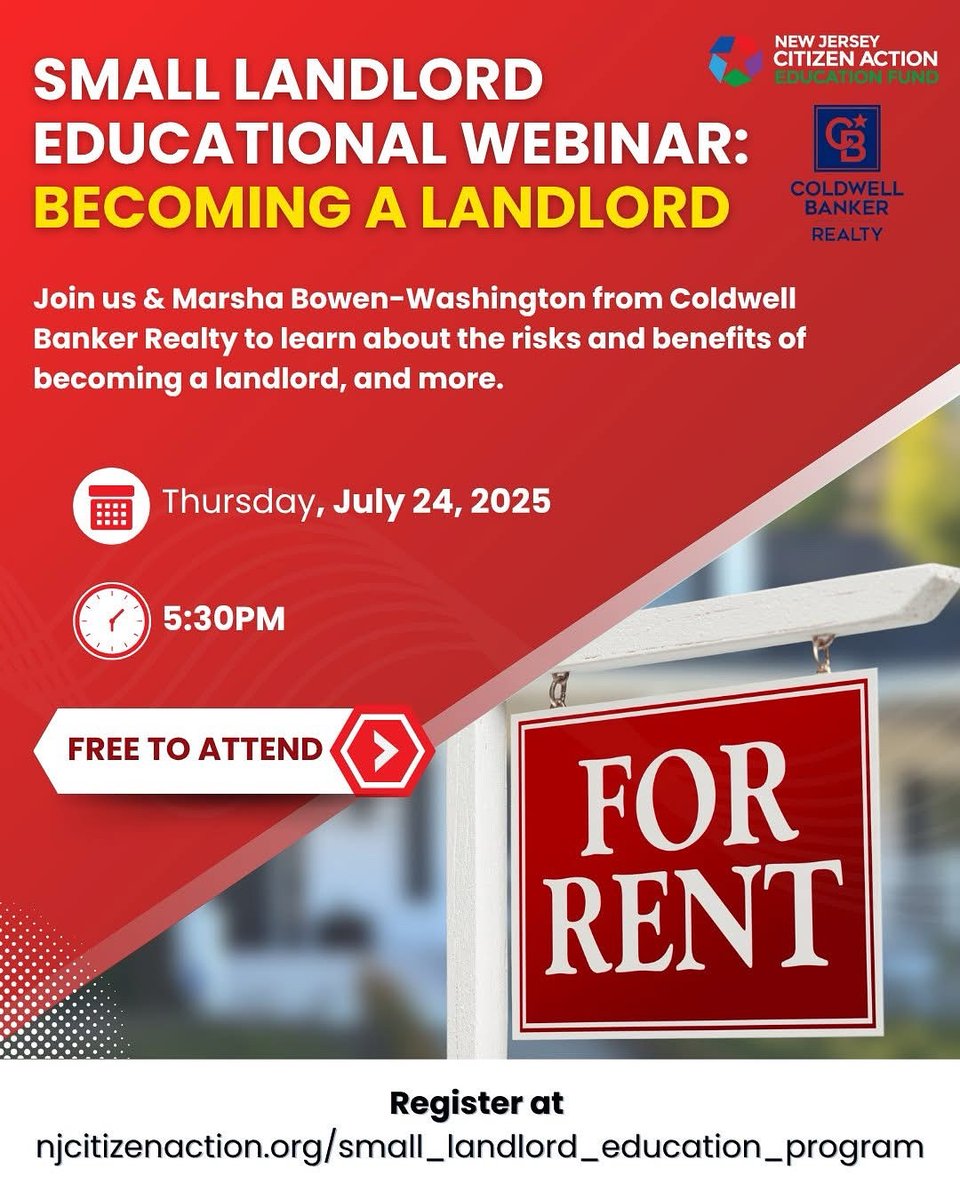 NJCitizenAction's tweet image. 📢 Calling all landlords & future landlords! Join our FREE webinar series & learn how to become a landlord!
✅ The risks & benefits of becoming a landlord
✅ Purchasing a multi-family Home
✅ Finding tenants, and more
🗓️ Session 2: July 24 @ 5:30 PM
🔗 us06web.zoom.us/webinar/regist…
