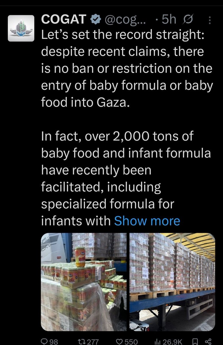 umyaznemo's tweet image. Oh look, a photo of a random truck carrying random things parked randomly somewhere proves that Israel is not starving Palestinian babies to death!