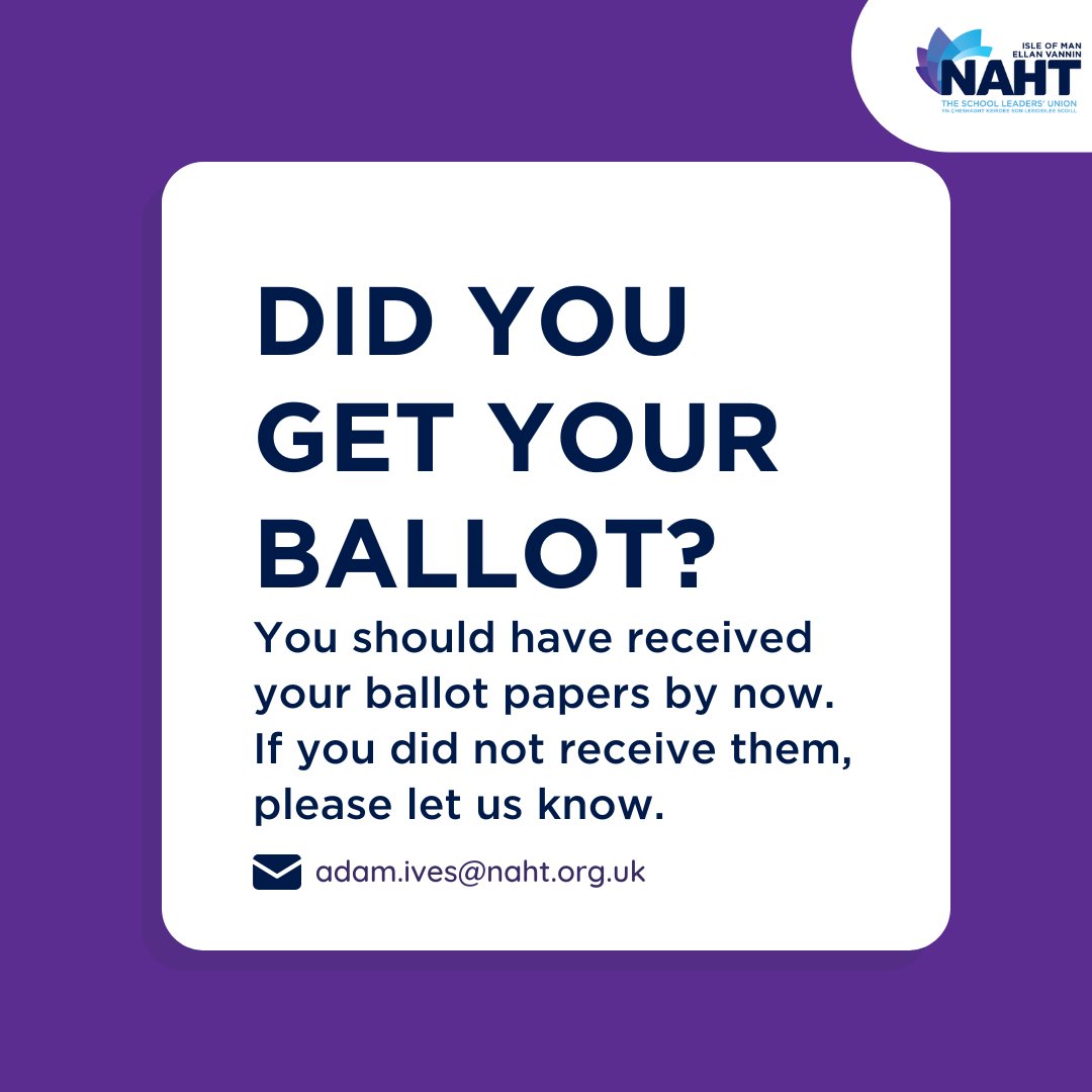 NAHT Isle of Man ๐ฎ๐ฒ (@naht_isleofman) on Twitter photo Members involved in the ballot,
Did you get your ballot?
If not please email adam.ives@naht.org.uk for a replacement one. Members involved in the ballot,
Did you get your ballot?
If not please email adam.ives@naht.org.uk for a replacement one.