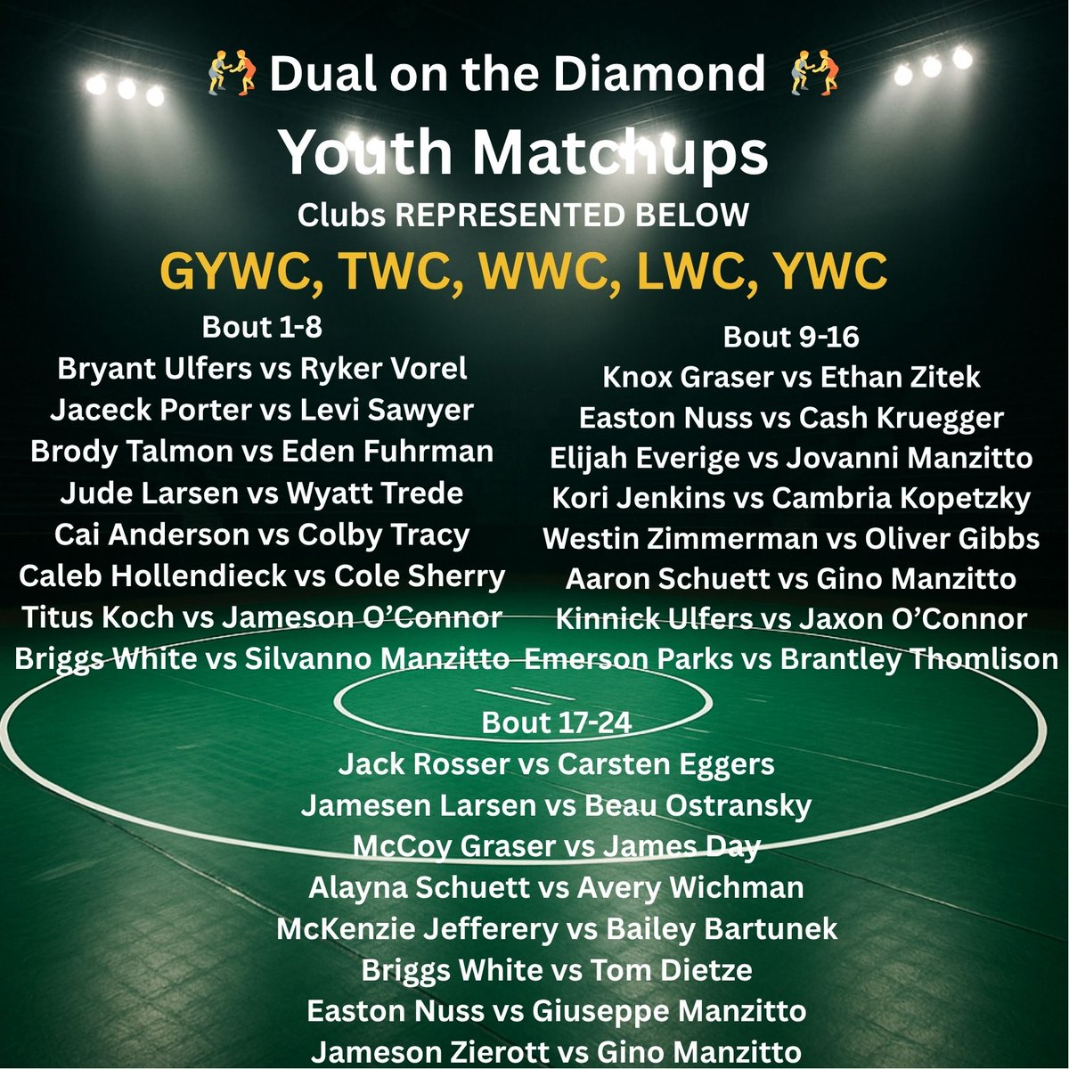 GHS__Wrestling's tweet image. 2 days out! Kick off Gretna Days with some wrestling! There will be music, food trucks and the event will be live streamed on our GYW Youtube page.  
🤼 DUAL ON THE DIAMOND  
 ⚾️North Park #2 – Gretna 
📅July 23, 2025
🔥High School Matches at 7:00 PM 
 ⭐️The Youth Dual at 9 PM