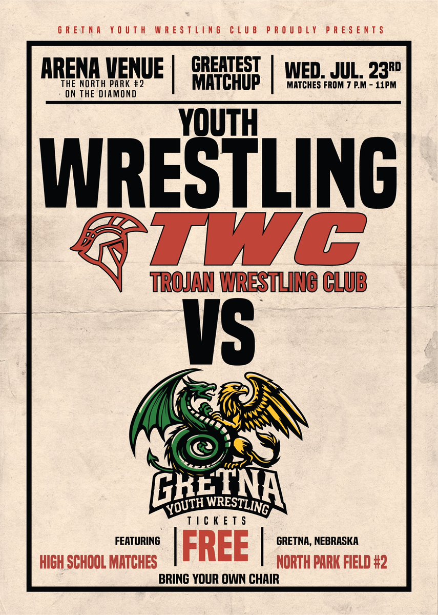 GHS__Wrestling's tweet image. 2 days out! Kick off Gretna Days with some wrestling! There will be music, food trucks and the event will be live streamed on our GYW Youtube page.  
🤼 DUAL ON THE DIAMOND  
 ⚾️North Park #2 – Gretna 
📅July 23, 2025
🔥High School Matches at 7:00 PM 
 ⭐️The Youth Dual at 9 PM