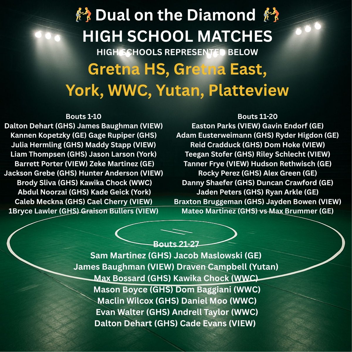 GHS__Wrestling's tweet image. 2 days out! Kick off Gretna Days with some wrestling! There will be music, food trucks and the event will be live streamed on our GYW Youtube page.  
🤼 DUAL ON THE DIAMOND  
 ⚾️North Park #2 – Gretna 
📅July 23, 2025
🔥High School Matches at 7:00 PM 
 ⭐️The Youth Dual at 9 PM