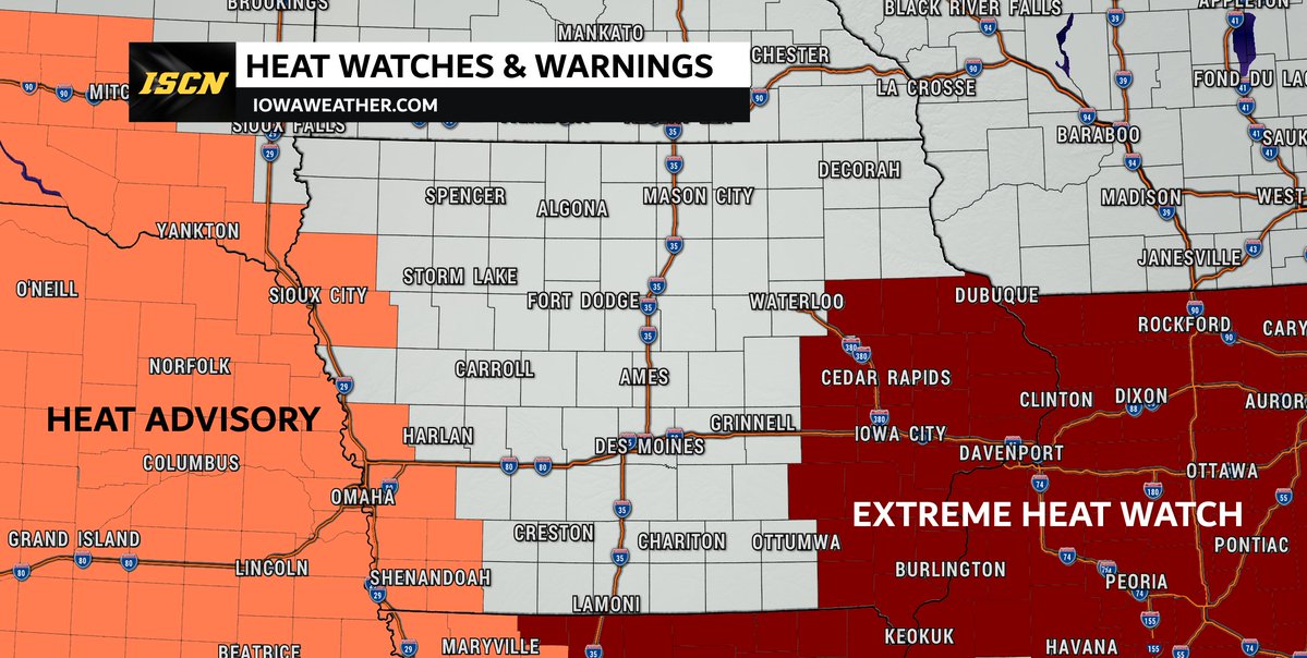 IAStormChasing's tweet image. The heat will be on the increase this week. As of Monday morning, there are some parts of the state that have been placed under heat advisories and extreme heat watches. More heat related watches, warnings, and advisories will be issued throughout the week, so be sure to check…