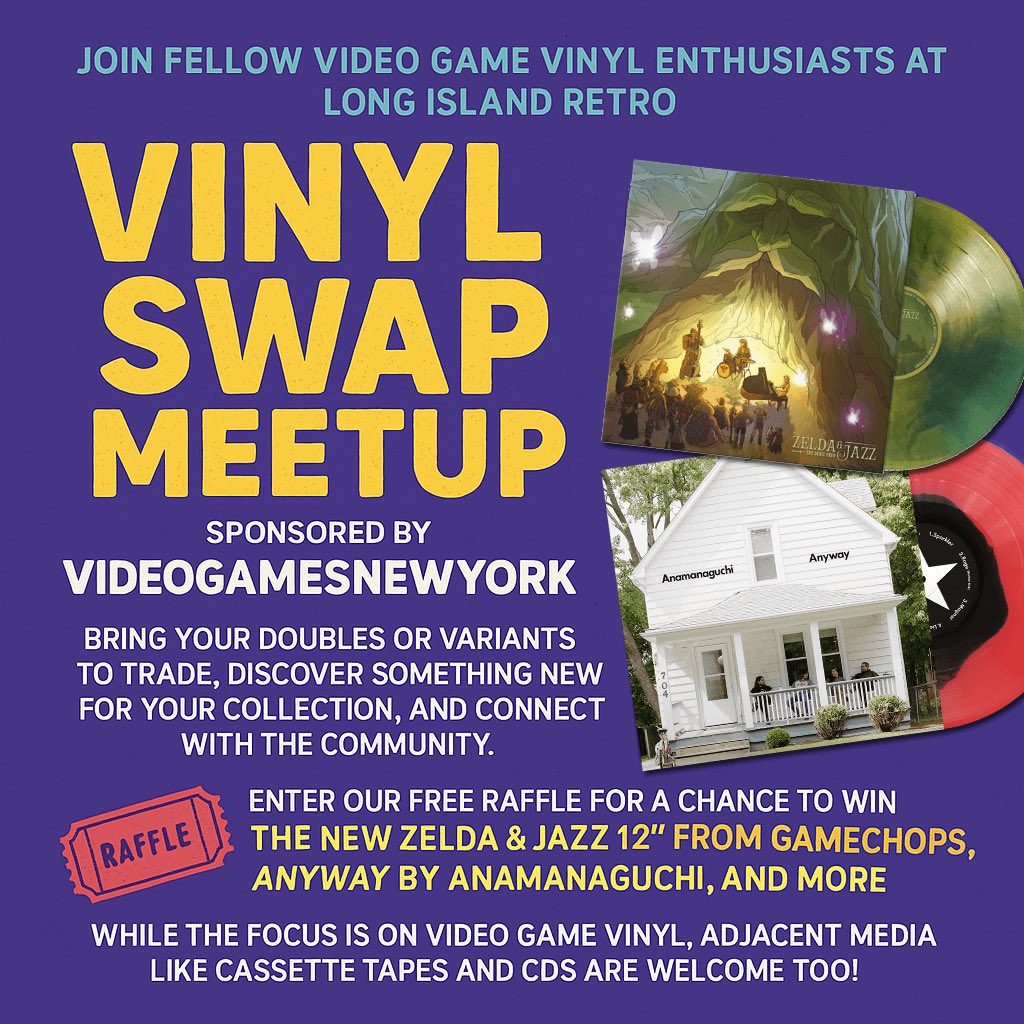 Liretro's tweet image. Join fellow video game vinyl enthusiasts at Long Island Retro weekend on August 9 at 6PM at our first ever Vinyl Swap powered by @VideoGamesNYC. Bring your doubles or variants to trade, discover something new for your collection, and connect with the community. Enter our free…