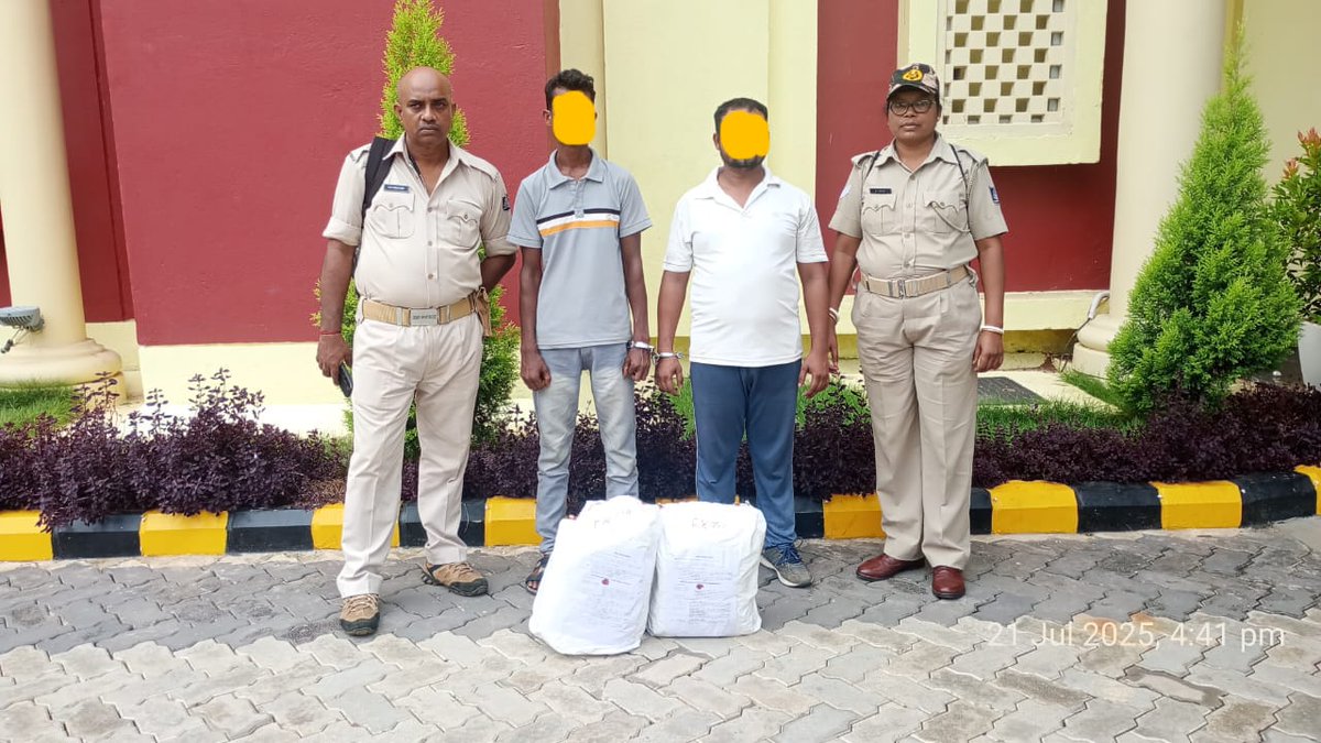 On July 20, 2025, at night, GRP and RPF staff conducted a special drive under the supervision of SI R. Sankar Rao, OIC Khurda Road GRPS. During the drive, they apprehended two suspects. After verification, they found two No's of backpack containing contraband ganja. Based on the