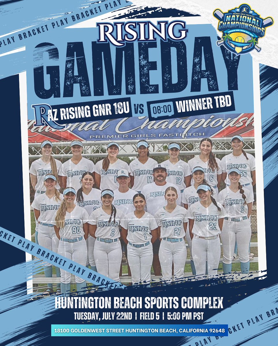 The draws are in, bracket play is here! Let’s dance. 
18U AZ Rising GNR takes the field Tuesday, July 22nd at 5:00PM in our first official 2025 PGF Nationals bracket game — facing the winner of Hotshots National Nelson vs Grapettes Merrida.
One game at a time.