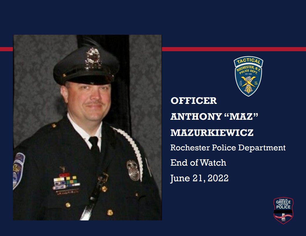 🕊 Remembering Officer Tony "Maz" Mazurkiewicz
 EOW: July 21, 2022

Today, we honor the life and sacrifice of Officer Tony Mazurkiewicz, who was killed in the line of duty two years ago while protecting our community.

With 29 years of service to the Rochester Police Department,
