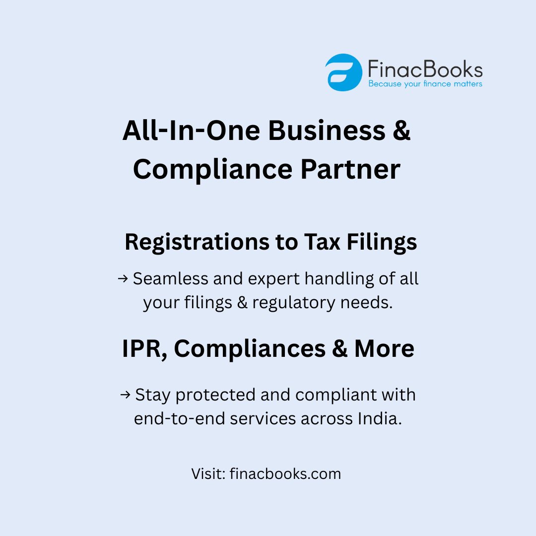 finacbooks's tweet photo. From startups to real estate developers — FinacBooks India is your one-stop portal for registrations, tax filings, IPR &amp; more. Backed by 10+ years of CA expertise, serving all across India..
 Visit: https://t.co/rO8PVcjQKG . #FinacBooksIndia #TaxFilingExperts #BusinessCompliance https://t.co/76sZi4qiwi