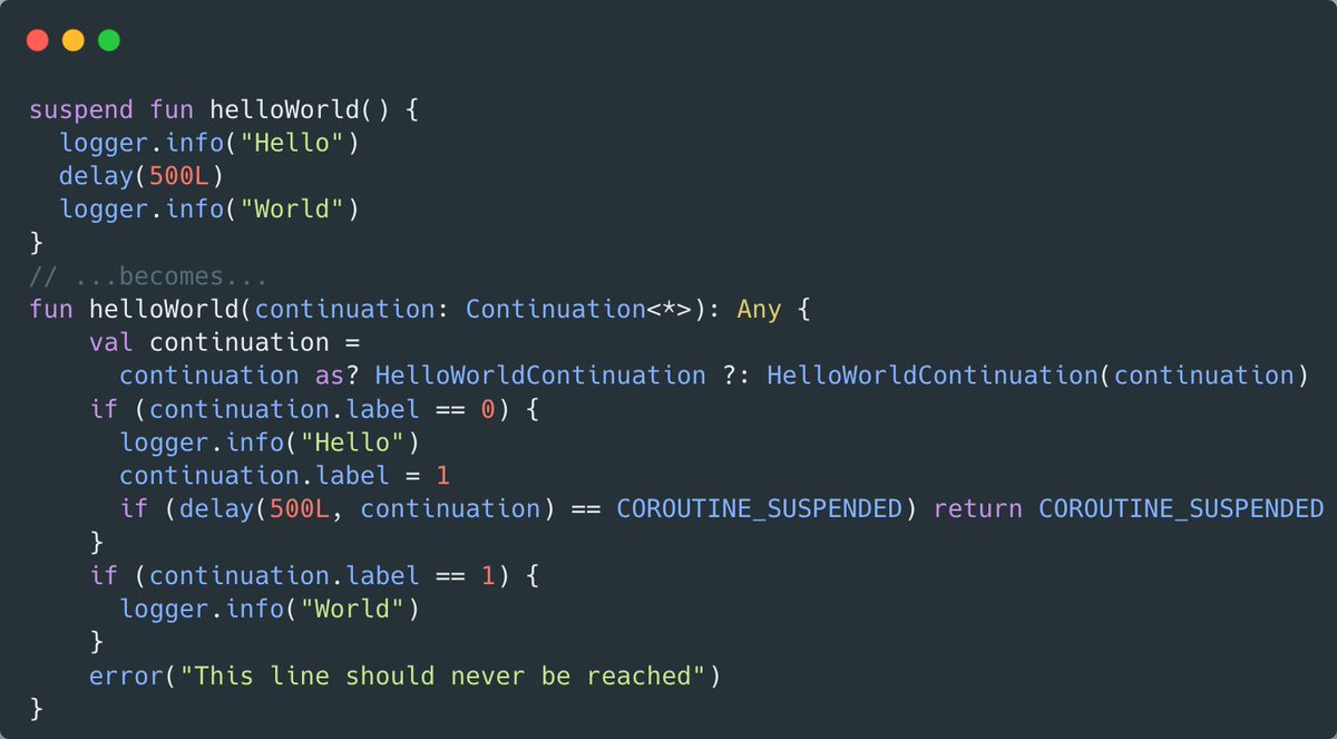 riccardo_cardin's tweet photo. #DropsOf #Kotiln: Suspending functions rewriting enables coroutines to work 🪄. At a suspension point, the continuation object is checked to understand if it's possible to go further or not. The state of the execution is stored in the continuation.
https://t.co/ujBl1n3Xv4 https://t.co/yEgUfq7CBH