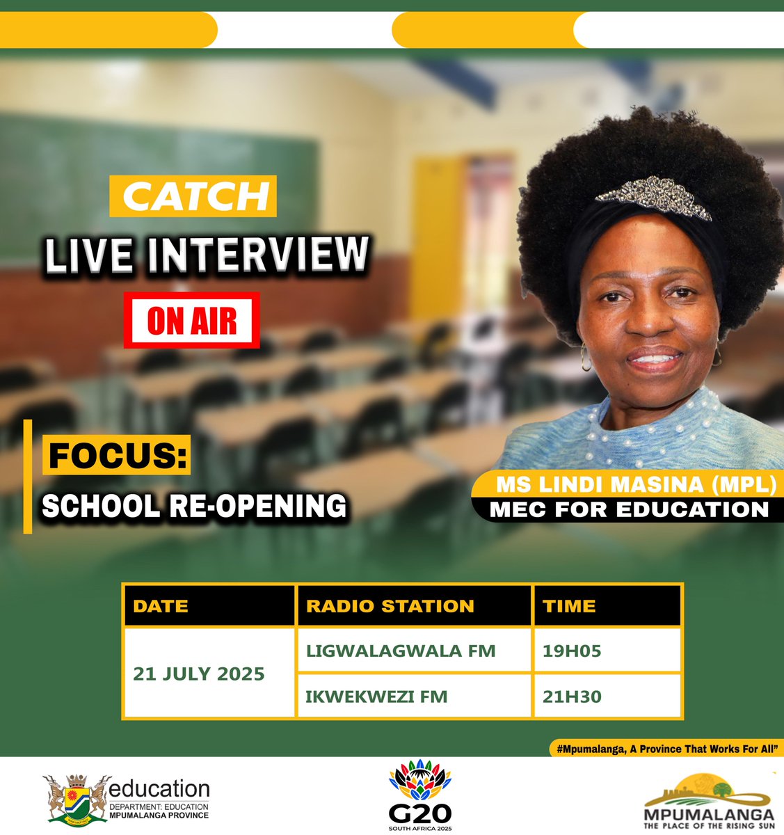 MpumalangaGov's tweet image. 📢Catch Ms. Lindi Masina, MEC for Education live on Ligwalagwala FM at 19:05 tonight &amp;amp; later on Ikwekwezi FM at 21:30, regarding schools re-opening!📢

📻TUNE IN!📻

#MpumalangaAProvinceThatWorksForAll #ANAtionaThatWorksForAll #SchoolsReopening