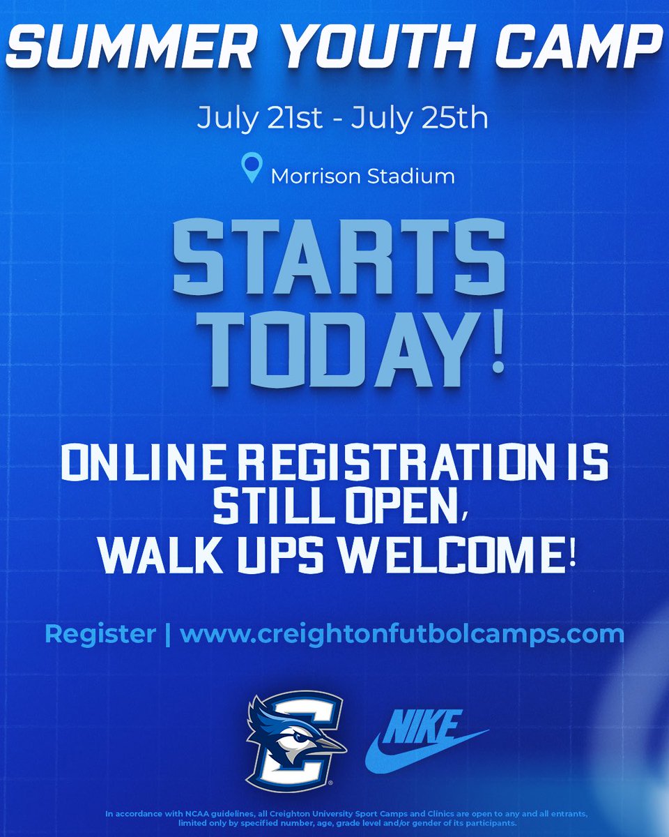 CreightonWSoc's tweet image. Youth Camp starts Today! Spots still available! Online registration is still open and Walk ups are welcome!
Excited for a fun filled week of footy! 🔵⚪️
C U tonight!
#gojays