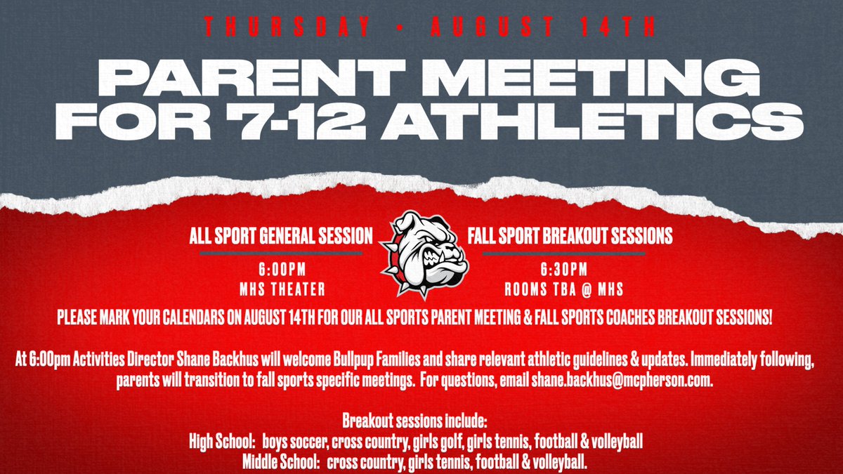 MacMiddlePups's tweet image. Parent Meeting for 7-12 athletes, August 14th! All participants will need the following:
1. Physical turned into activities office
2. Parent Permission Form*
3. Concussion Form*
4. Drug Testing Form*
5. Pay Participation Fee*
*completed during online enrollment