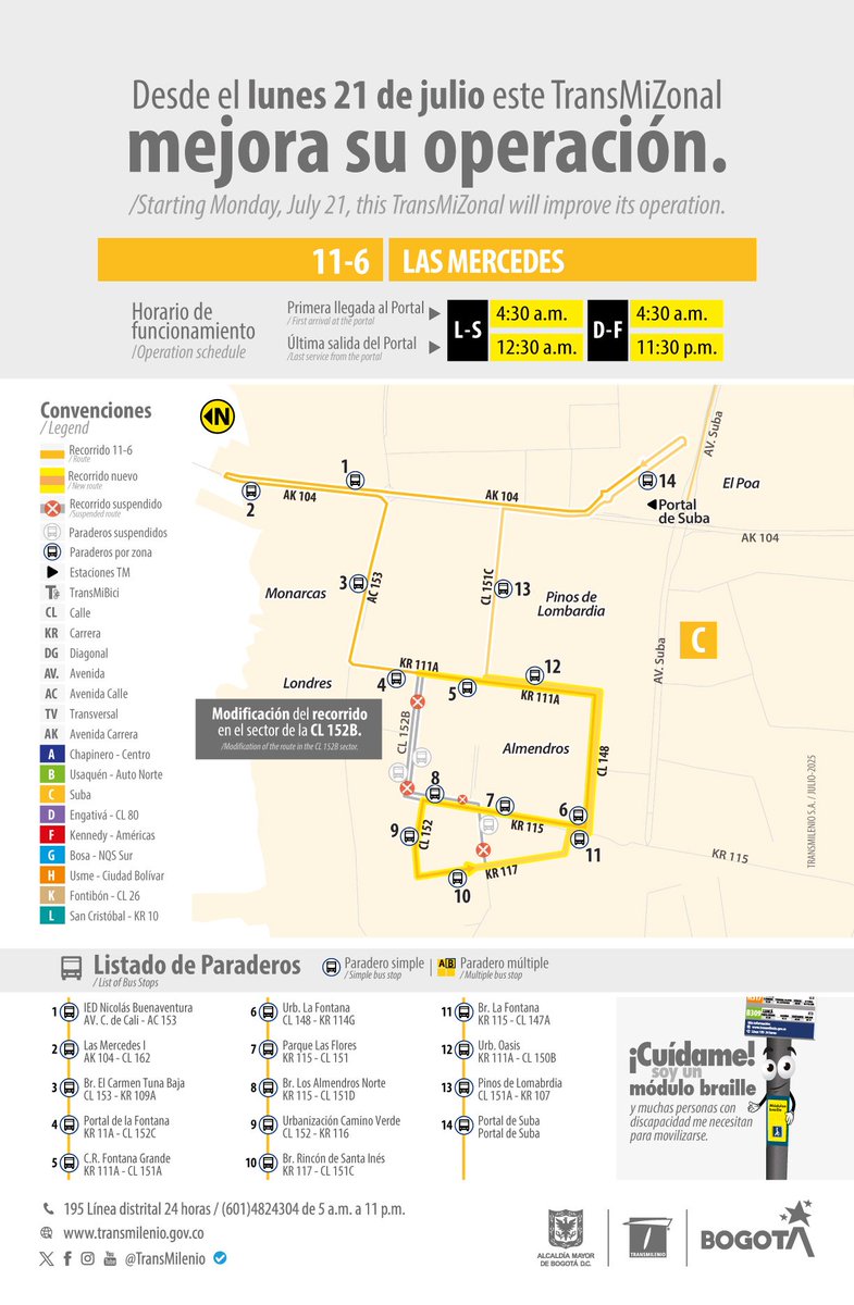 A partir del lunes 21 de julio el servicio TransMiZonal 11-6 Las Mercedes cambia su recorrido omitiendo su trazado sobre la calle 152B entre carrera 111A y 115.