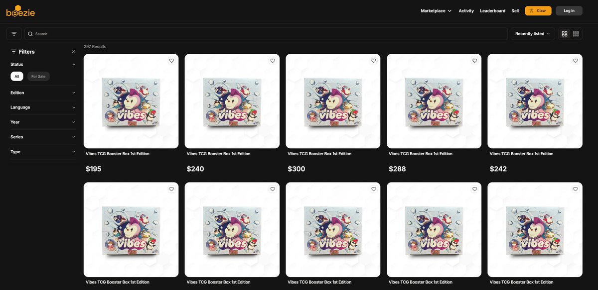 saikai_eth's tweet image. 3 months back I shared that @vibes_tcg was selling for $75-$90 on @beezie_io and nobody cared

now the cheapest you can find is $195, with the last sale being $190.