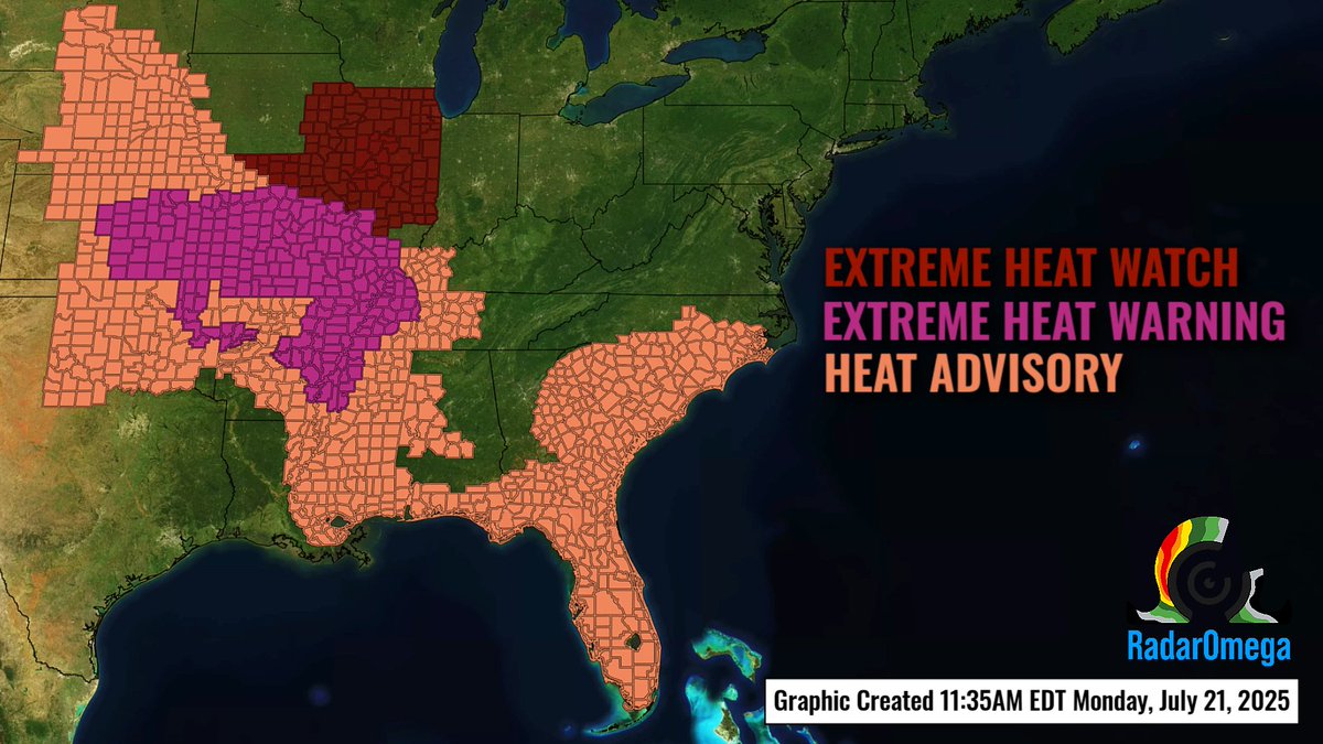 RadarOmega's tweet image. A dangerous heat wave will continue to expand from the Deep South to parts of the Central Plains, MS Valley, and towards the OH Valley by mid-week. Widespread heat advisories and warnings are in effect, with triple digit heat index values expected for many areas.