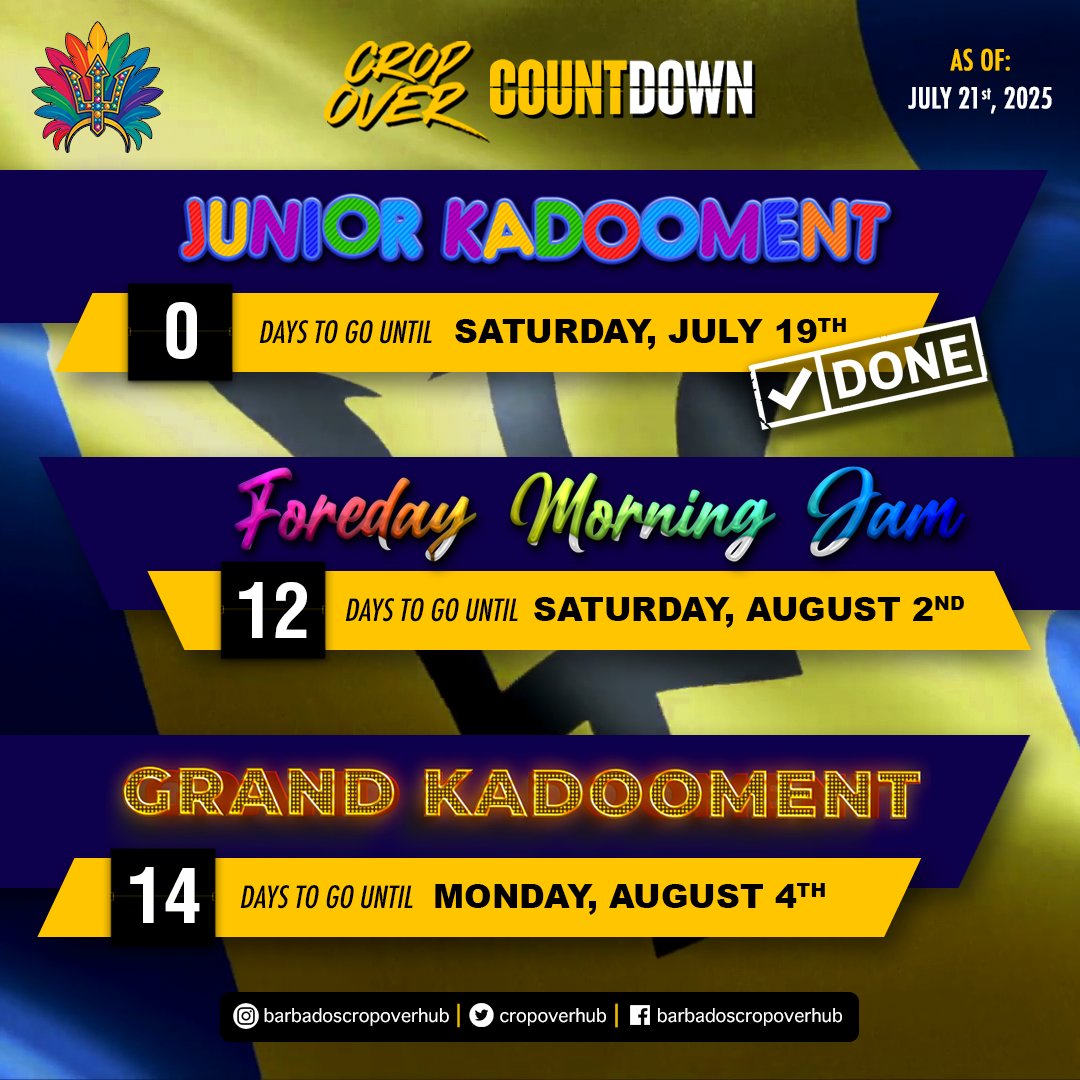 CropOverHUB's tweet image. 🇧🇧 Two. Weeks. Left
😎 Road we tekkin' on, straight til Grand Kadooment. #CropOver2025