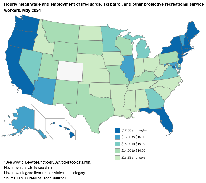 BLS_gov's tweet image. Lifeguards had hourly mean wages over $21.00 in two states and the District of Columbia in 2024 bls.gov/opub/ted/2025/… #BLSdata