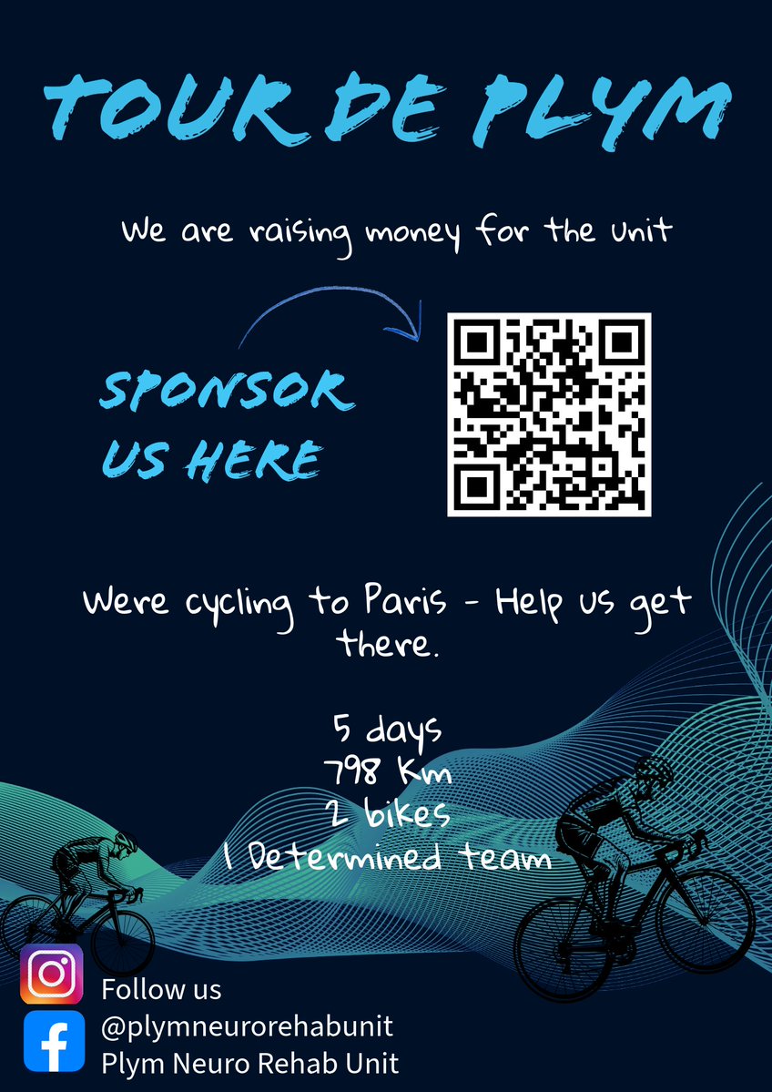 PlymUnit's tweet image. We started our tour de Plym team challenge today! This week we are fundraising for the ward, cycling from #plymouth to #Paris
Please share and help us on our journey 🚴🏽♂️ #teamworkmakesthedreamwork #neurorehab #wegotthis