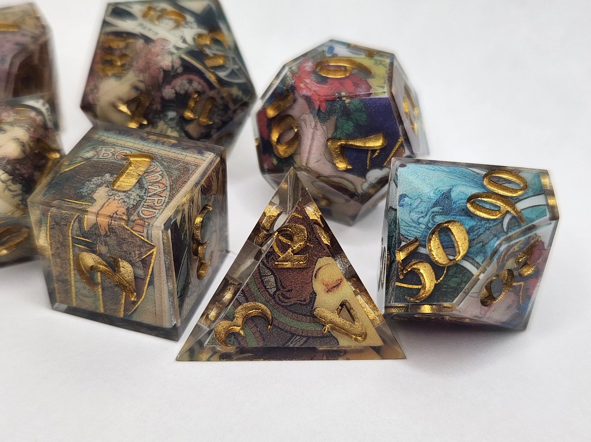 Sinnamon_Dice's tweet image. Art Nouveau Dice Set with my new Berkshire Swash Numbering Mold
#dnd #ttrpg #handmadedice #dice #dungeonsanddragons