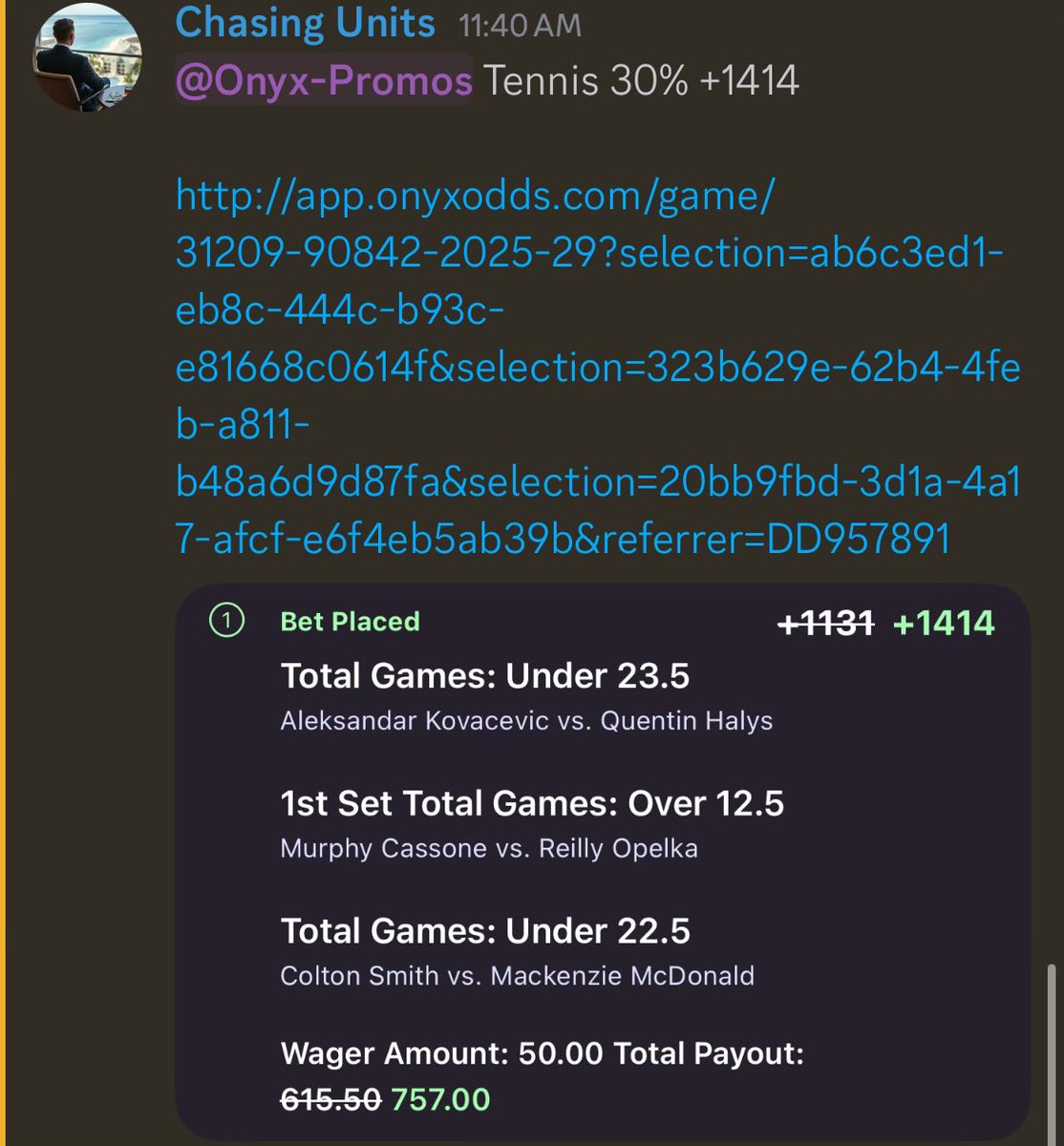 ChasingUnits_'s tweet image. Onyx Tennis 30% +1414

FV: +1089
EV%: 27.3%
QK: .48u