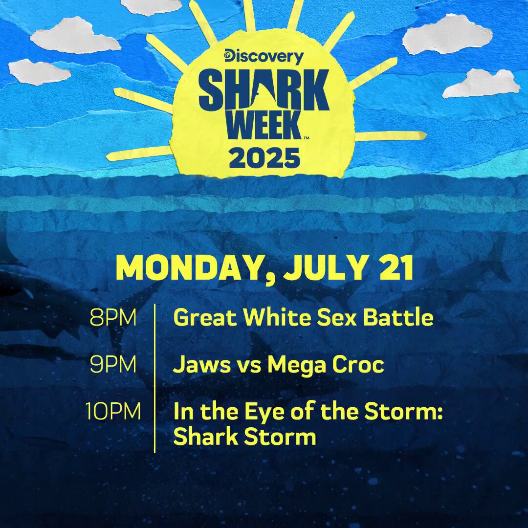 TVTango's tweet image. 🌟IT'S SHARK WEEK! Watch tonight #SharkWeek #SharkWeek2025 @Discovery @SharkWeek 🦈8pm: GREAT WHITE SEX BATTLE; 9pm: JAWS VS MEGA CROC w/@DrGuttridge; 10pm: IN THE EYE OF THE STORM: SHARK STORM About/Full Schedule, Photos & More: bit.ly/44Y17H1