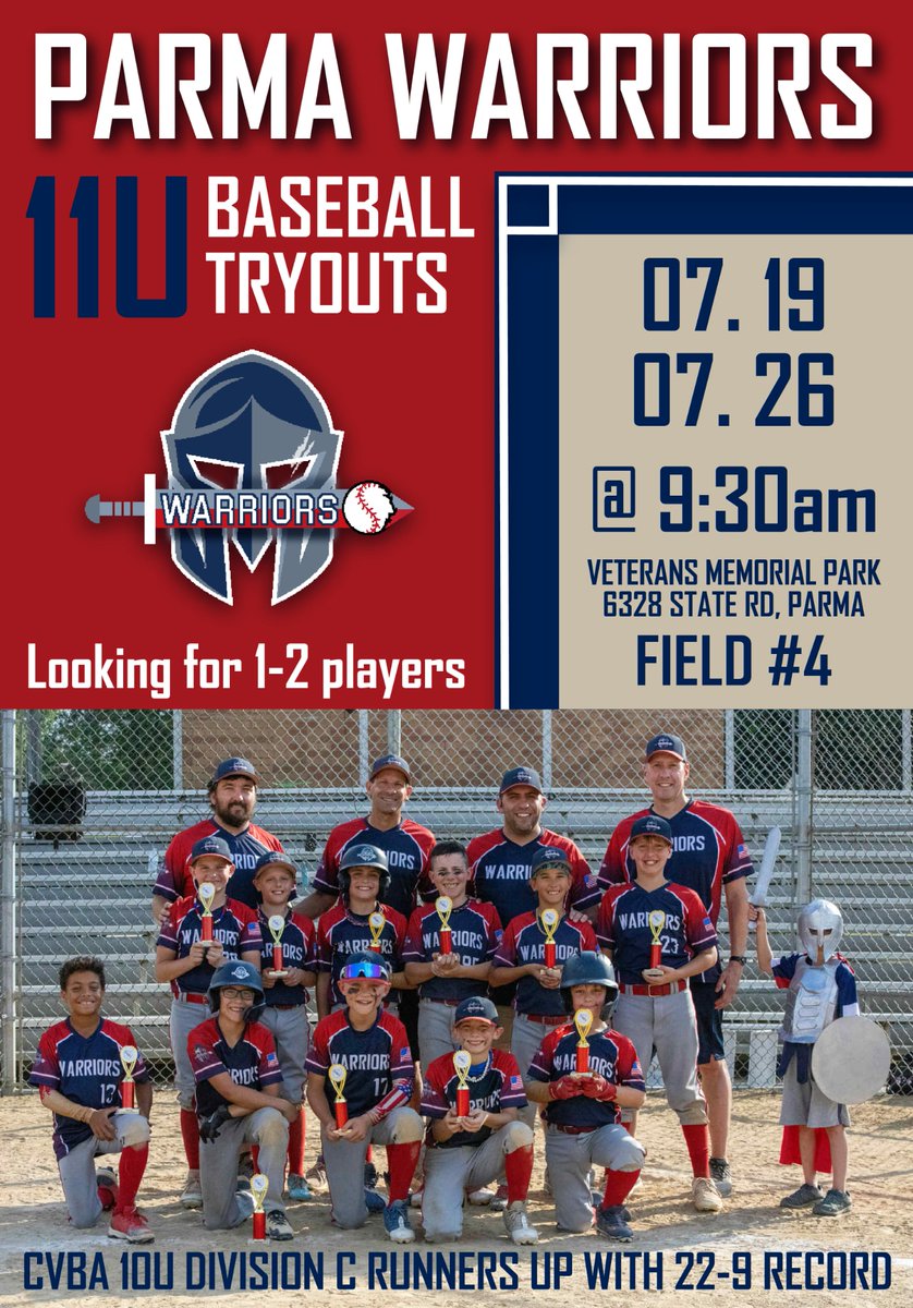 11u Parma Warriors Tryout Announcement 
22-9 CVBA Division C Runners Up 

Great Coaching Staff &amp; Families. Thoughtful in development and overall experience. 

Reach out to Coach Jason 440-476-9714 for more details or to set up a private