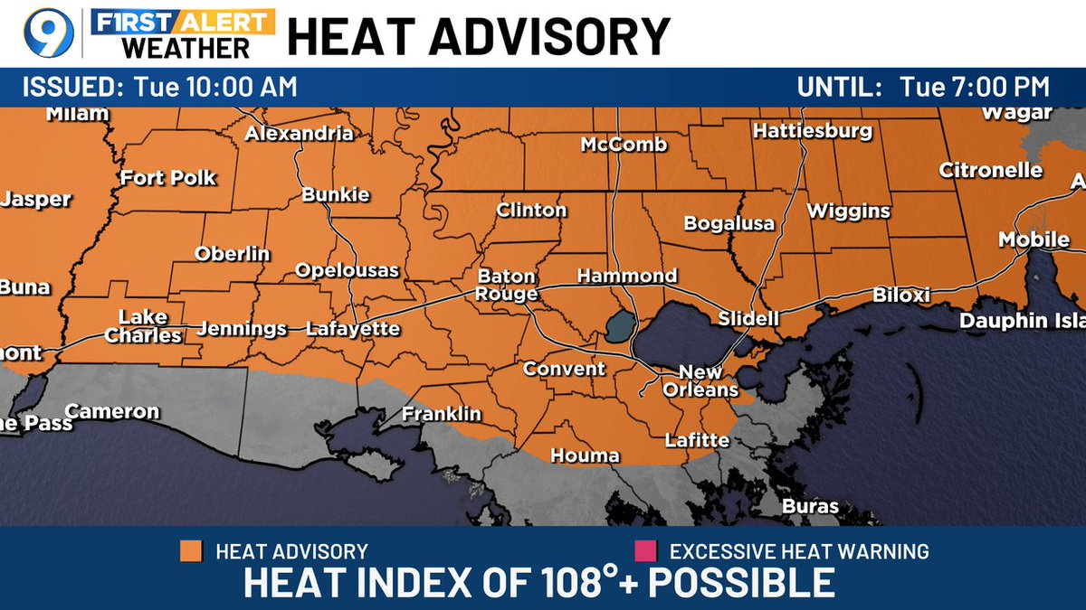 SteveWAFB's tweet image. A Heat Advisory has been posted for the areas in orange. Heat index values could reach/exceed 108 degrees. More >> wafb.com/weather?utm_me… #LAwx
