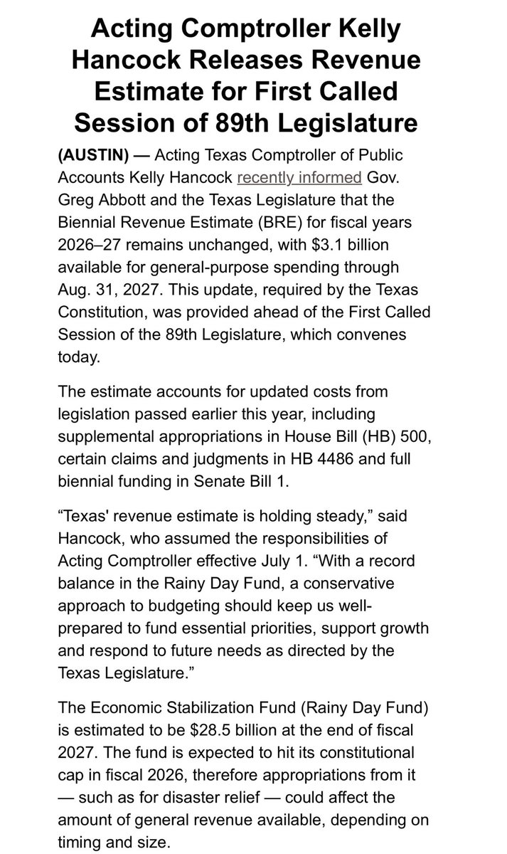 willdupreetv's tweet image. On the first day of the Texas special legislative session, acting comptroller Kelly Hancock says lawmakers have more than $3 billion in general revenue available to use.
@KXAN_News