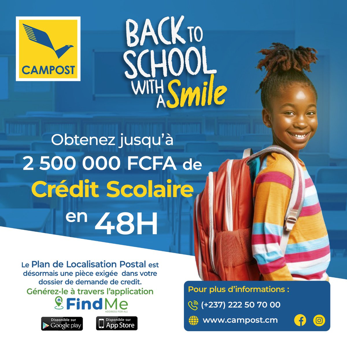 Préparez la rentrée scolaire dès maintenant. 
Le Plan de Localisation Postal est l'innovation qui vous facilite l'accès au Crédit scolaire. Obtenez le vôtre en un clic. Téléchargez l'application #FindMe #Creditscolaire #PLP #CAMPOST