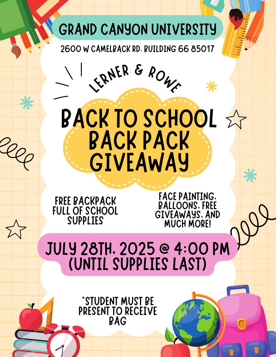 SUPESCubs's tweet photo. Hi Surprise Families,
Grand Canyon University is hosting their backpack giveaway on the 28th of July.  Attached is the flyer with more information. https://t.co/32yFDuJD9c