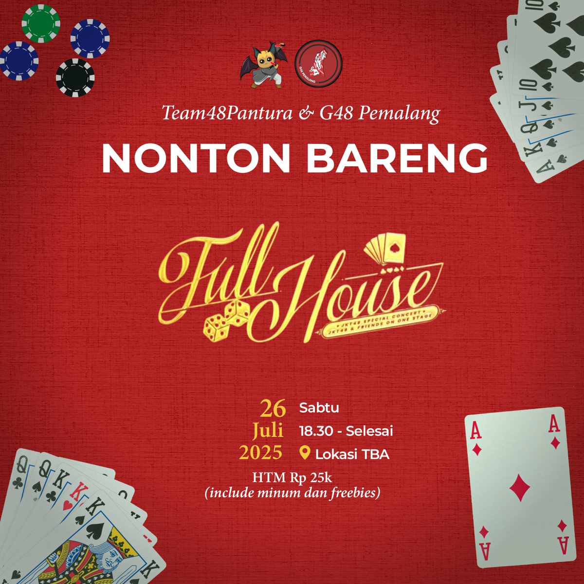 Team48Pantura X <a href="/G48Pemalang/">FANS JKT48 REGIONAL PEMALANG</a> Nonton Bareng JKT48 Special Concert FULL HOUSE.

Hari : Sabtu, 26 Juli 2025
Waktu : 18.30 - selesai
Lokasi : Menyusul
Htm : Rp 25k include minum dan freebies

Registrasi bisa melaluli link berikut forms.gle/81VVjG71ckXoEW…