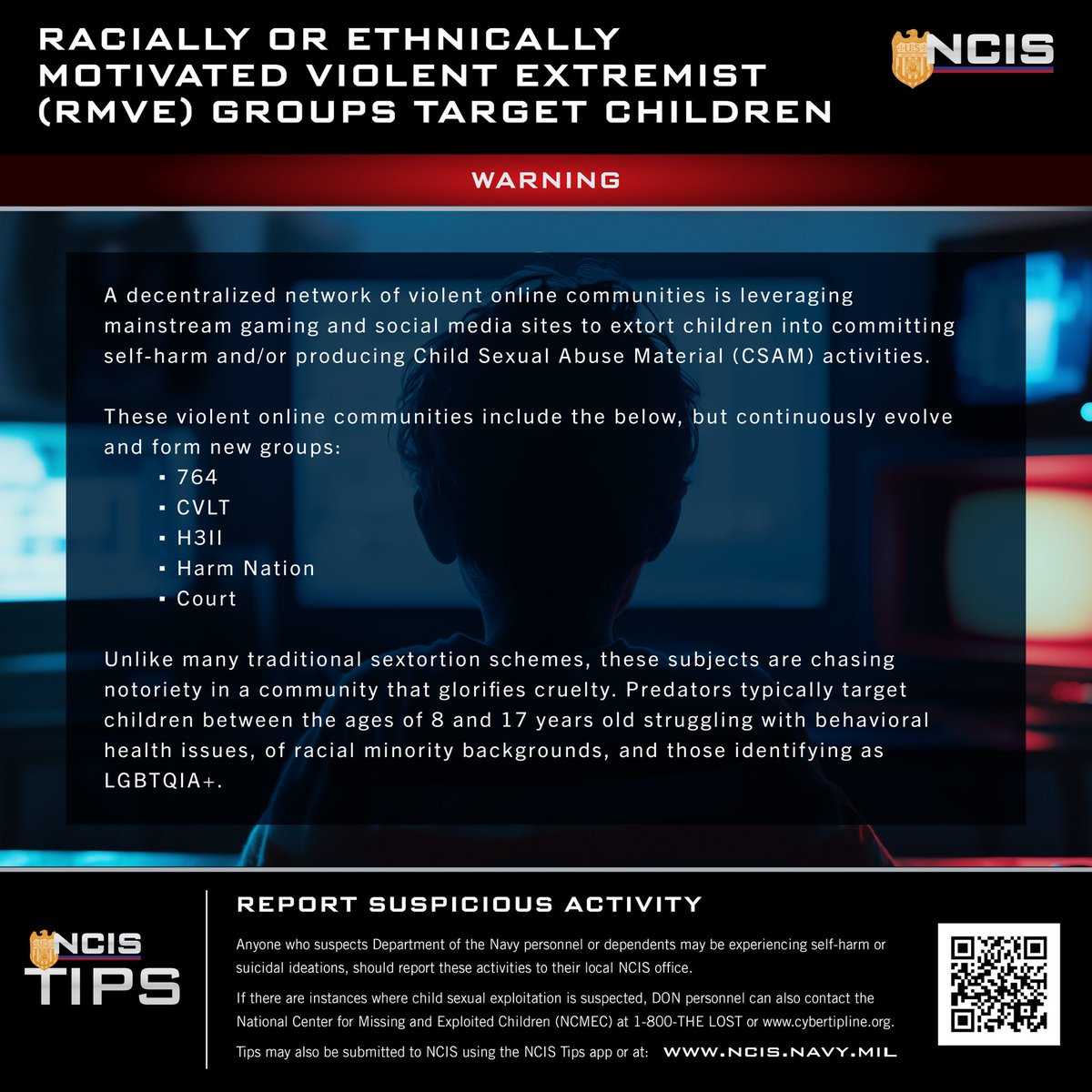 RealNCIS's tweet image. NCIS is seeing a rise in extremist networks using online platforms to exploit vulnerable youth. Groups like 764 & Harm Nation pose as friends, manipulate kids through fake support & coerce them into dangerous or criminal behavior.
Report via #NCISTips or ncis.navy.mil.