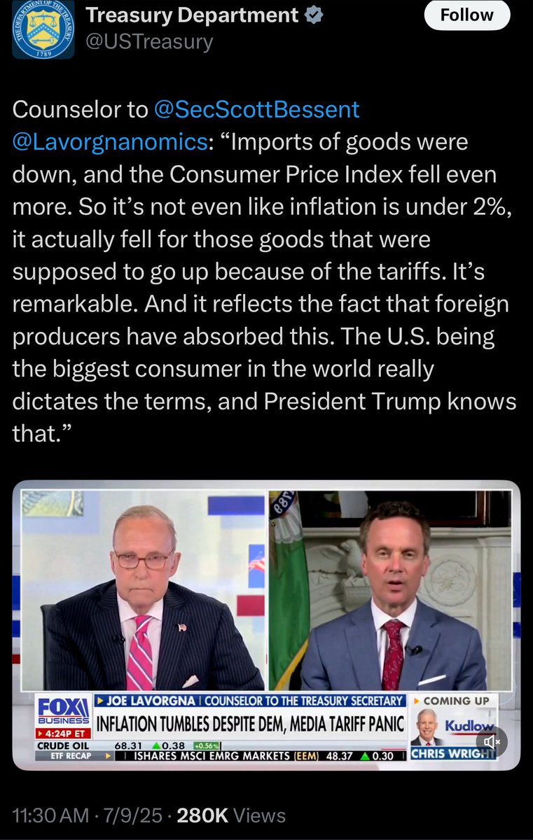 TapperButRight's tweet image. 🚨🚨WELCOME:
💰💰To the GOLDEN AGE💰💰💰
✅Tariff Revenue: UP 110%+ YoY
✅Prices: DOWN👇 📉
✅Stocks: All Time HIGH 💸
The experts and everyone outside of MAGA (and even some of MAGA) would have said you couldn’t have all three. “It’s IMPOSSIBLE”. Does anyone still believe…