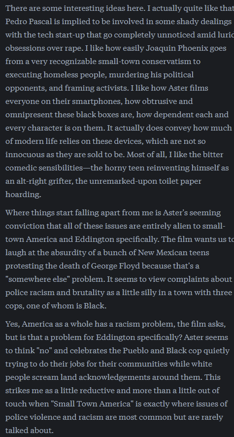TNOQuoProQuid's tweet image. scatted thoughts on Eddington (2025), which i found myself liking parts of but not vibing with the overall whole
spoilers throughout