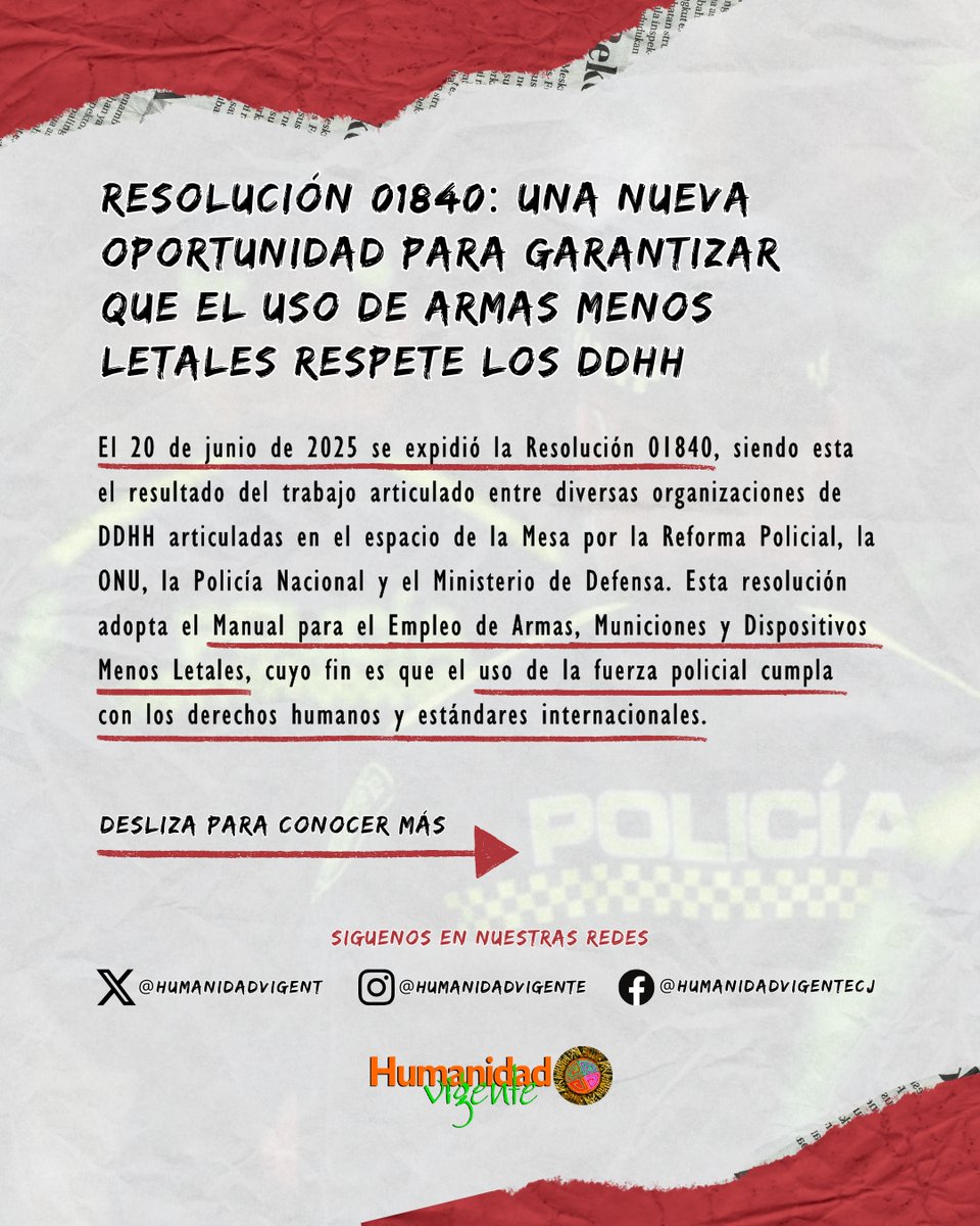 HumanidadVigent's tweet image. Recientemente se expidió la Resolución 01840 que adopta el Manual de uso de Armas Menos Letales para la Policía📑buscando fortalecer criterios sobre el uso de la fuerza y garantizar que toda acción respete los DDHH y estándares internacionales.
Lee más👇
humanidadvigente.net/resolucion-018…