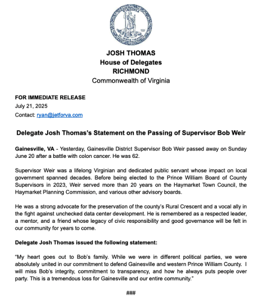 VA_JET's tweet image. My statement on the passing of Gainesville Supervisor Bob Weir. This is truly a huge loss for Gainesville and our entire community.