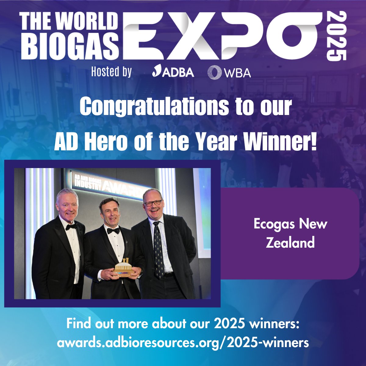 Congratulations to Ecogas New Zealand, our AD Hero of the Year!

Find out more: awards.adbioresources.org/ad-hero-of-the…

#biogas #biogasindustry #ADHero #NewZealand #ADplant #anaerobicdigestion #ADandBiogasAwards