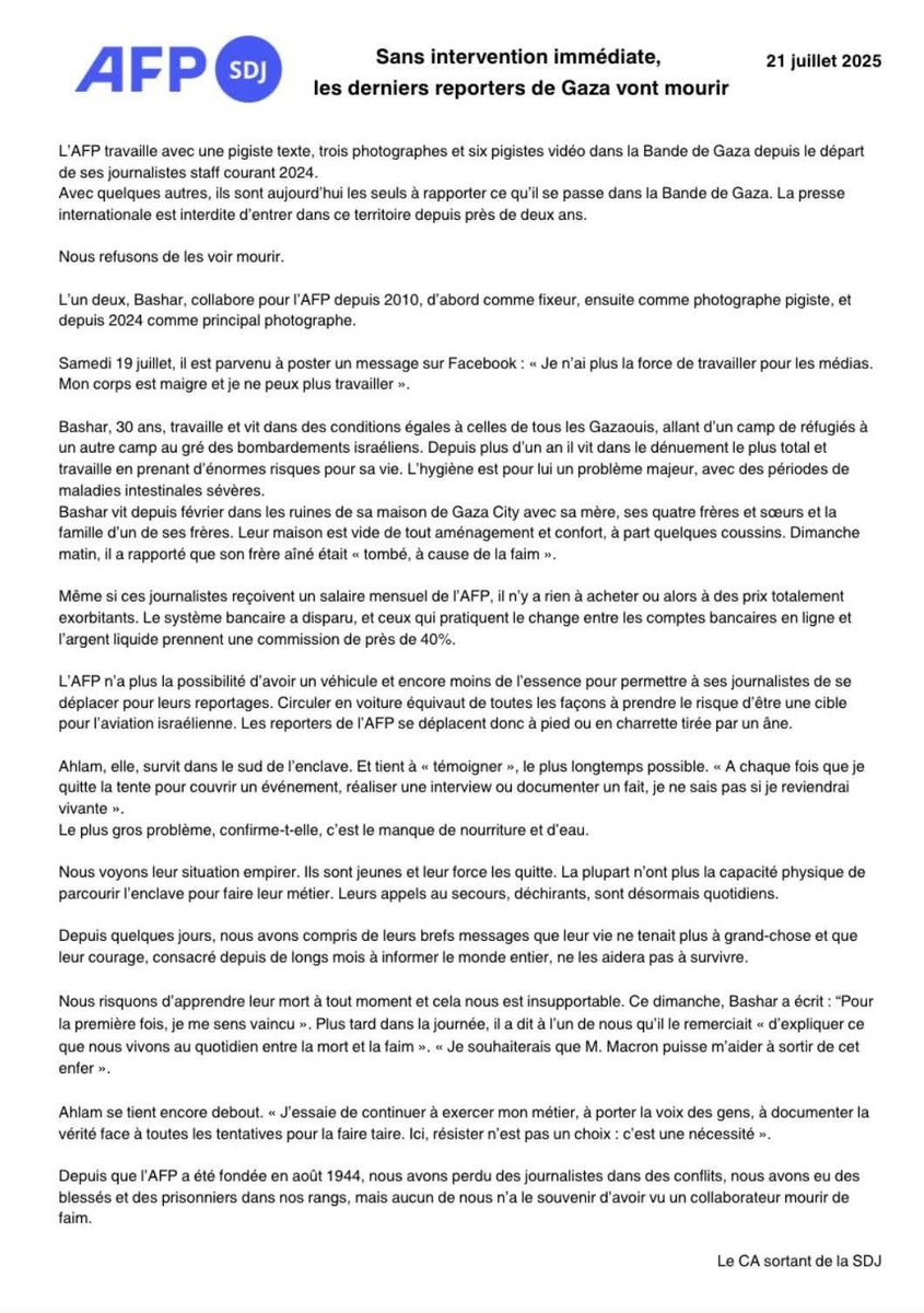 hassinhadi's tweet image. 🚨🚨 L’AFP lance un cri d’alarme : ses derniers pigistes à Gaza, dont Bashar et Ahlam, sont épuisés, affamés et risquent de mourir. Isolés, sans ressources, ils continuent de témoigner malgré les risques extrêmes. La Société des journalistes de l'@afpfr appelle à une intervention…