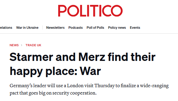 Glenn_Diesen's tweet image. Starmer and Merz both suffer from a legitimacy deficit and face deep economic problems, yet they find common cause in war
politico.eu/article/keir-s…