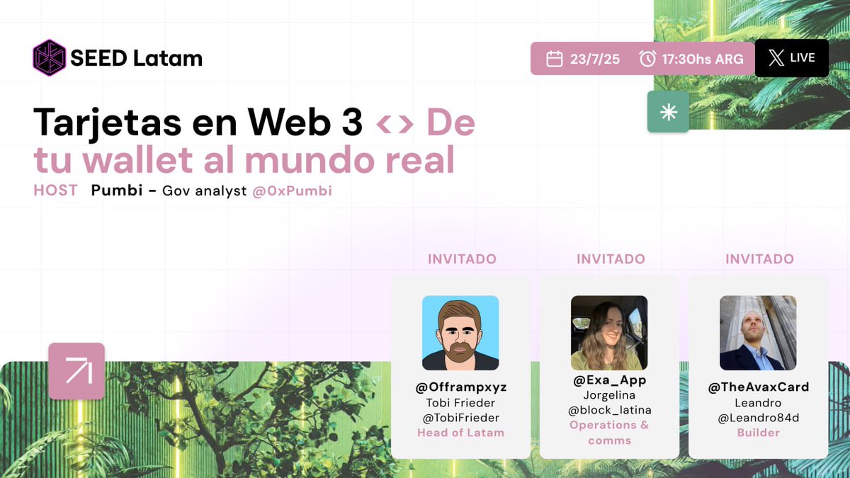 💳 Tarjetas en Web3: 
Se viene un space para conocer todo sobre estas herramientas.  

🔐 Custodia: ¿quién tiene el control? 
🧾 Costos y comisiones reales 
📲 Funciones clave y experiencia de uso 
🌍 ¿Están preparadas para las necesidades y desafíos de LatAm?  

El próximo