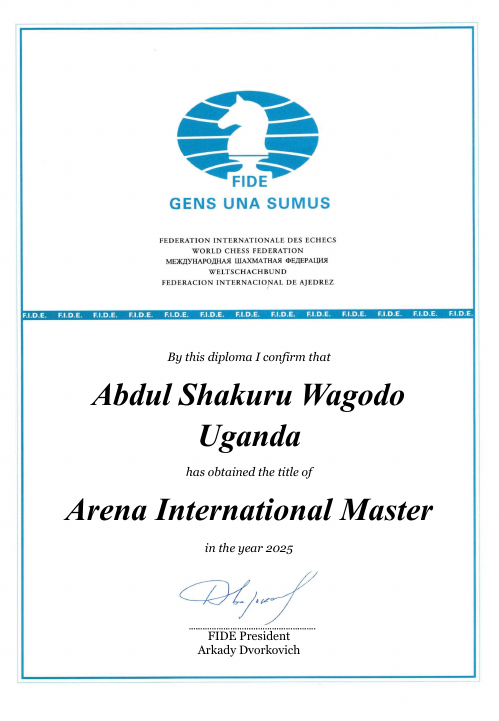 BaniBulletin's tweet image. ♟️🇺🇬 Wagodo Abdul Shakuru has officially joined Uganda’s elite!

He earns the Arena International Master (AIM) title, becoming the 43rd titled player under the Uganda Chess Federation.

👏 Congratulations, AIM Shakuru!

#ChessUganda #FIDE #ArenaTitle #UgandaChess #EastAfricaChess