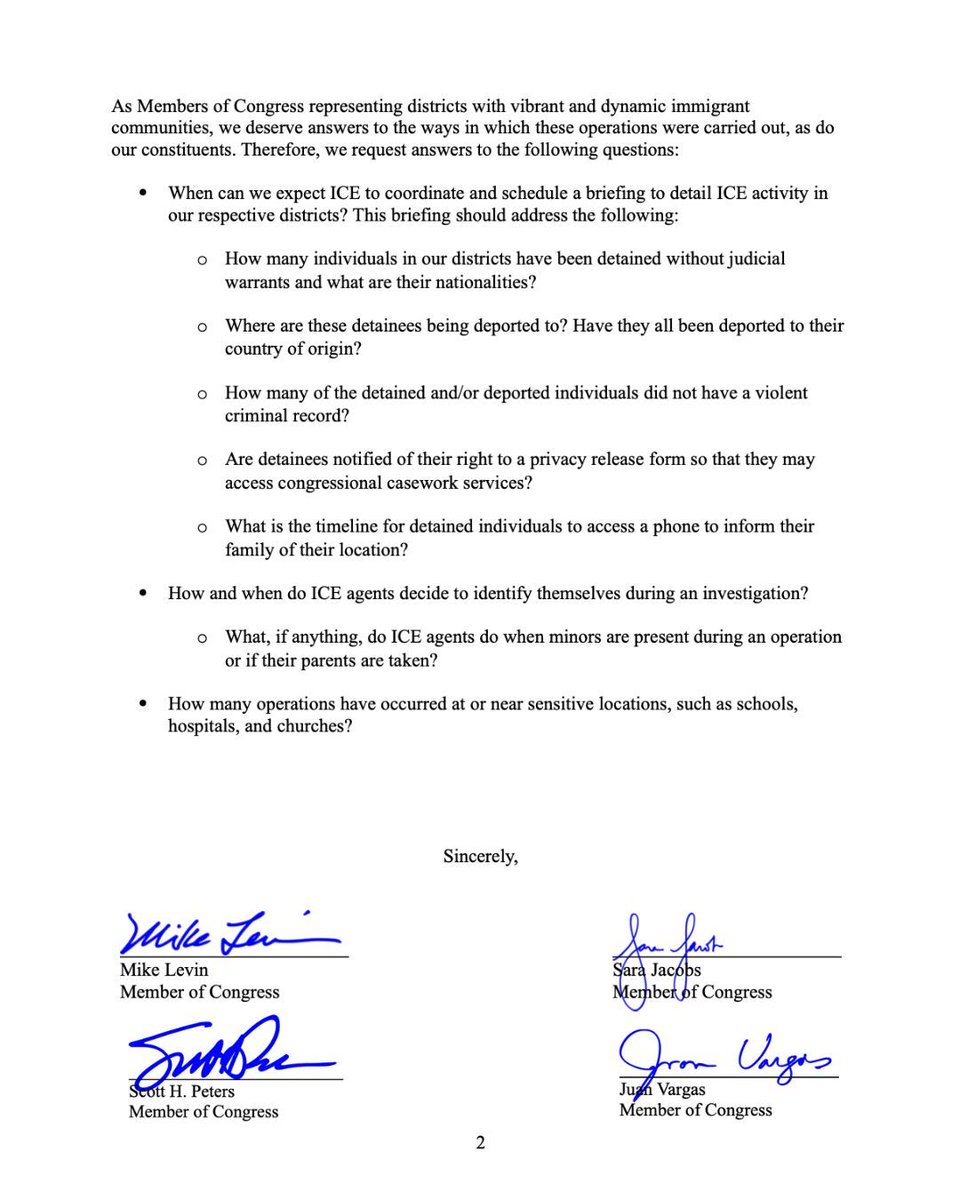 RepMikeLevin's tweet image. We must have both security and humanity in this country. The lack of transparency during recent immigration enforcement operations in Oceanside was unacceptable. My San Diego colleagues and I wrote Secretary Noem demanding answers.