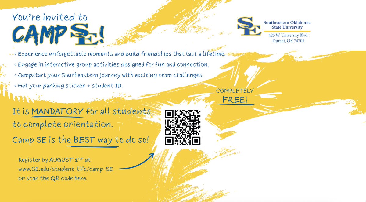 Ready for SE? Camp SE 2025: New Student Orientation (Aug 15–16), yes, it’s mandatory for freshmen, is right around the corner! Must Be an SE Student 
form.jotform.com/231623712992054
 
#SESpirit #SEVibe #ExperienceSE #GoSoutheastern #SELegacy #TakeCover #mondaymotivation #okhigheredworks