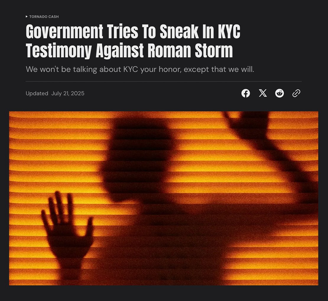 The Government is trying to sneak in KYC testimony against Roman Storm – despite Judge Failla ruling that the terms KYC and AML had no place at his trial.

Full story👇