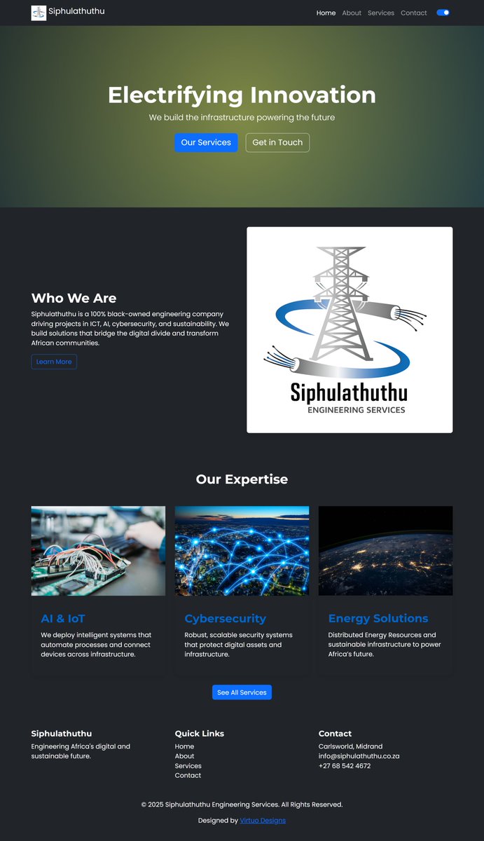 virtuodesigns's tweet image. Siphulathuthu Engineering Services Company website completed! smt2501.github.io/siphulathuthu/… Just like every businessman needs a tailored suit, every business needs a custom-built website. Let your brand stand tall online — get a website tailored for you by Virtuo Designs. #WebDesign