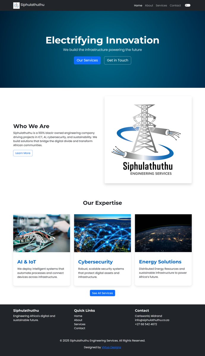 virtuodesigns's tweet image. Siphulathuthu Engineering Services Company website completed! smt2501.github.io/siphulathuthu/… Just like every businessman needs a tailored suit, every business needs a custom-built website. Let your brand stand tall online — get a website tailored for you by Virtuo Designs. #WebDesign