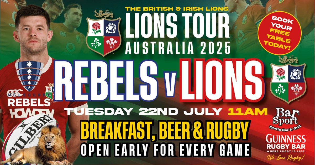 Barsport's tweet image. 🏉🔥 LIONS TOUR 2025 – LIVE AT BAR SPORT! 🔥🏉
Catch all the action as the British & Irish Lions take on the Melbourne Rebels in Australia!
Tuesday 22nd July - Kick-off: 11AM
🍳 BREAKFAST, BEER & RUGBY – we’re open early for EVERY game!
📞 BOOK YOUR FREE TABLE TODAY!
🦁🏆